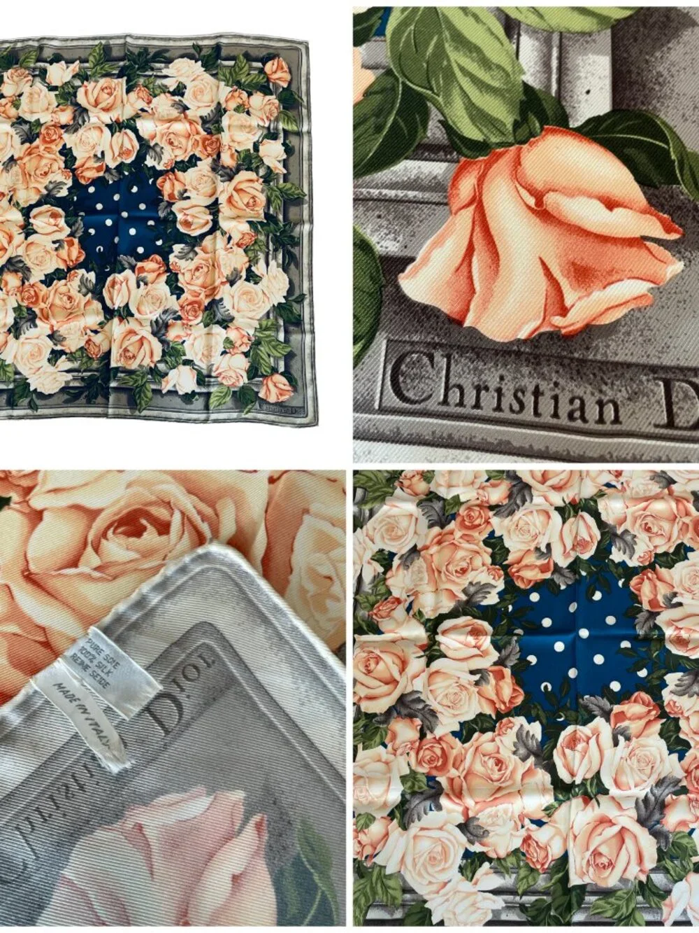 Vintage Christian Silk Scarf with Roses & Polka Dots